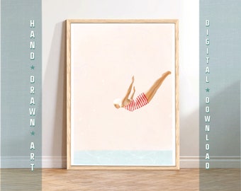 Retro Woman Diving Printable, Minimalist Art, Vintage Pool Print, Swimming Poster, Blush Pink Wall Decor, Girl Diver Art, Summer Poster