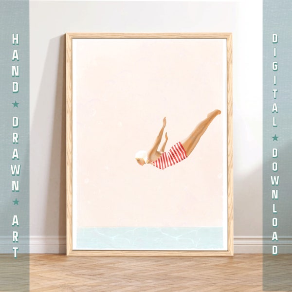 Retro Frau Tauchen druckbare, minimalistische Kunst, Vintage Pool Print, Schwimmen Poster, Blush Pink Wand-Dekor, Mädchen Taucher Kunst, Sommer Poster