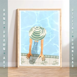 Swimming Pool Art Print, Woman In Sun Hat Vintage Pool Wall Art, Soft Pastel Home Decor, Summer Coastal Printable Art, Retro Travel Poster