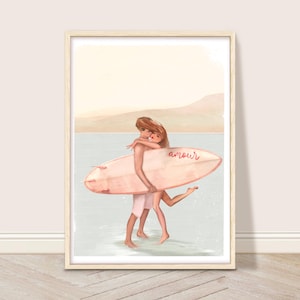 Impresión de arte retro de surf, arte de pared de surfista vintage, decoración de casa de playa, decoración de pared costera, arte de beso romántico en la playa, regalo de pareja para surfistas
