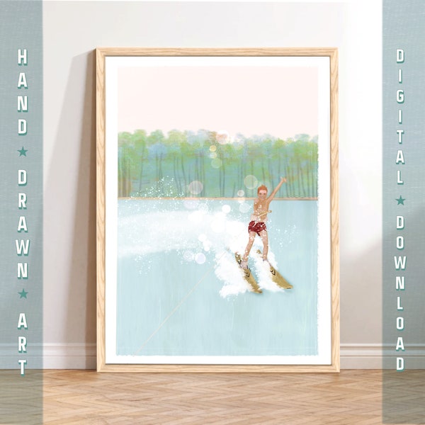 Boy Waterskiing Wall Art, Summer Lake Art Print, Retro Coastal Decor, Water Sports Printable Art, Vintage Waterski Poster, Lake Life Artwork