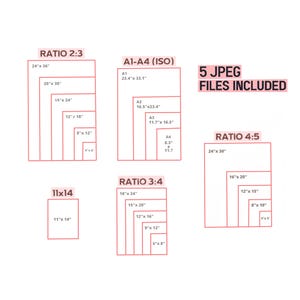 May include: A diagram showing different aspect ratios for digital prints, including 2:3, 3:4, 4:5, and 11x14. The diagram shows the dimensions of each ratio in inches. The text "5 JPEG FILES INCLUDED" is also included in the image.