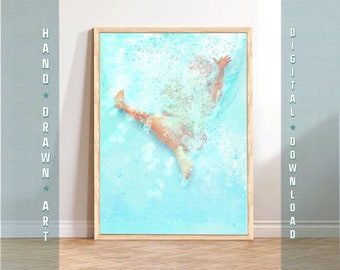 Underwater Swimming Pool Art Print, Retro Pool Printable Art, Turquoise Home Decor, Underwater Swimmer Wall Art, Summer Coastal Digital Art