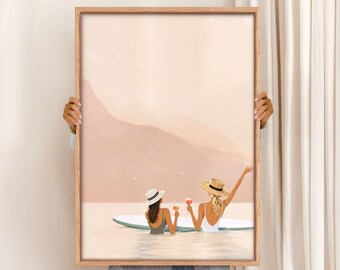Paddle Board Sunset Art Print: Vintage Lake House Decor (Digital Download)