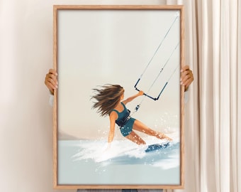 Girl Kitesurfing Art Print: Retro Coastal Decor (Digital Download)
