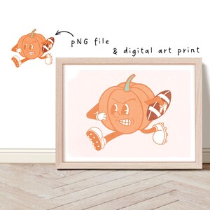 Retro pumpkin cartoon character running with an American football in his arm. Orange and brown tones. To use for all fall craft projects. Also comes with retro  writing around him saying family, food and football and art print for fall decor