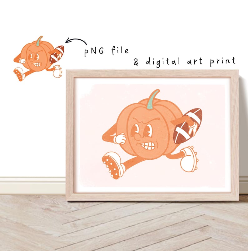 Retro pumpkin cartoon character running with an American football in his arm. Orange and brown tones. To use for all fall craft projects. Also comes with retro  writing around him saying family, food and football and art print for fall decor