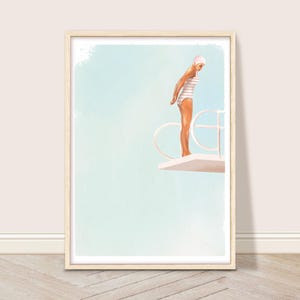 Woman on Dive Board Wall Art, Girl Diving Poster, Diver Art, Retro Swimming Pool Art Print, Summer Home Decor, Retro Swimming Wall Art,