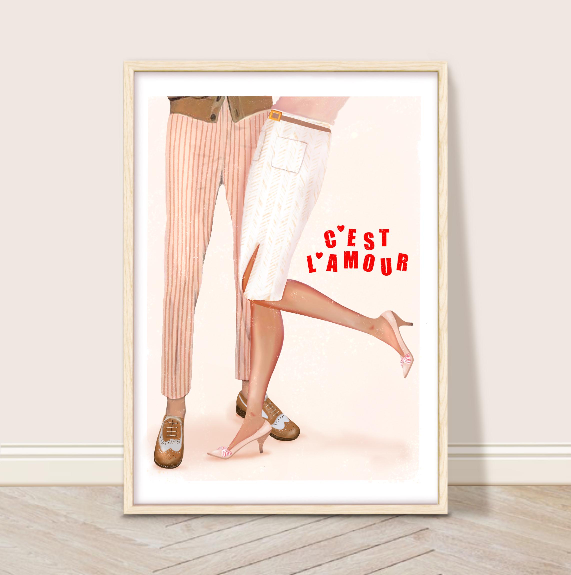 Romantic Couple Love Poster, Retro Fashion Illustration, Trendy French Quote Wall Art, Parisian Style Wall Decor, Vintage Lovers Art Print