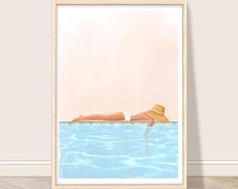 Woman Sunbathing Art Print: Retro Poolside Summer Decor (Digital Download)