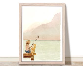 Retro Boy Fishing Art Print, Vintage Lake Printable Art, Boy and Dog Wall Art, Lake House Decor, Log Cabin Decor, Gone Fishing, Lake Art
