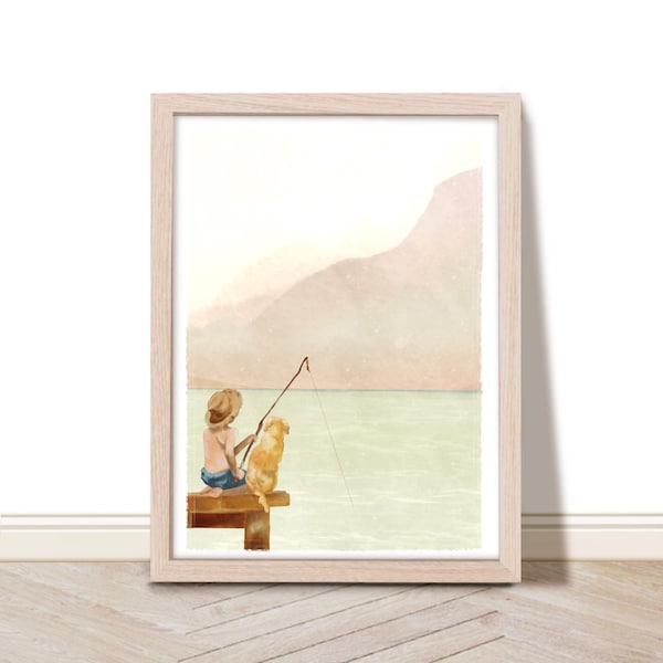 Grafika przedstawiająca chłopca i psa łowiącego ryby w stylu vintage: dekoracja domu nad jeziorem (pobranie cyfrowe)