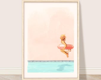Lámina artística de una chica saltando a la piscina, decoración de pared retro de verano (descarga digital)