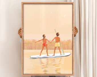 Retro Paddle Board Art Print, Boy and Girl, Lake House Decor (Digital Download)