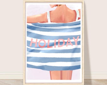 Retro Pool-Kunstdruck: Frau mit gestreiftem Handtuch (Digitaler Download)