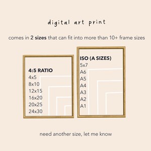 May include: A digital art print comes in two sizes, 4:5 ratio and ISO (A sizes). The 4:5 ratio includes sizes from 4x5 inches to 24x30 inches. The ISO (A sizes) include sizes from 5x7 inches to A1. The text "need another size, let me know" is at the bottom of the image.
