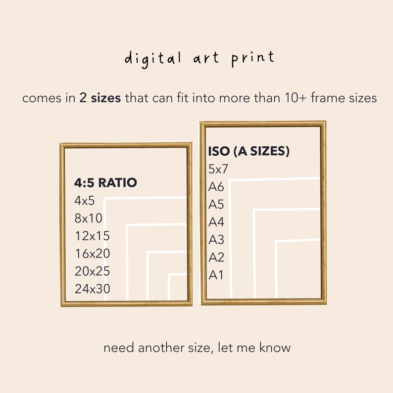 May include: A digital art print comes in two sizes, 4:5 ratio and ISO (A sizes). The 4:5 ratio includes sizes from 4x5 inches to 24x30 inches. The ISO (A sizes) include sizes from 5x7 inches to A1. The text "need another size, let me know" is at the bottom of the image.