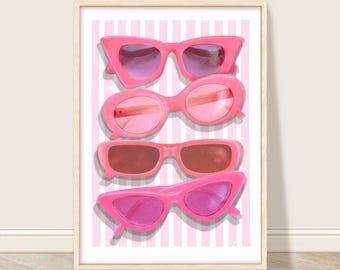 Pink Sunglasses Art Print, Trendy Pink Fashion Wall Art, Summer Fashion Girly Gift For Her, Vintage Sunglasses Coastal Beach House Decor