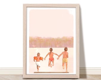 Lake Art Print, Kids Jumping into Lake Wall Art, Lake House Decor, Lake Life, Golden Hour Summer Swimming, Retro Lakeside Family Poster Gift