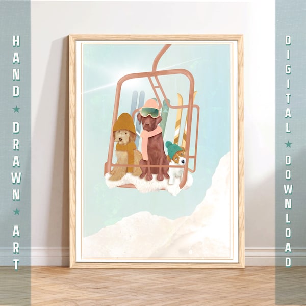 Dogs on Ski Lift Art Print, Mountain Home Wall Decor, Dog Art, Ski Lodge Decor, Winter Home Cabin Decor, Retro Ski Poster, Love Dog and Ski