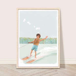 Jongen waterskiën kunst aan de muur, Summer Lake Art Print, retro kustdecor, watersport afdrukbare kunst, vintage waterski poster, Lake Life-kunstwerk