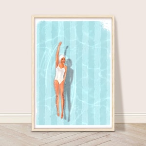 Vintage Swimming Pool Art Print, Woman Swimming Wall Art, Blue Minimalist Home Decor, Retro Pool House Summer Art, Trendy Swimmer Poster