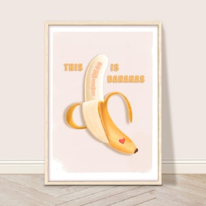 Banana Art Print, Vintage Aesthetic Kitchen Art, Funny Fruit Wall Art, Food Poster, This Shit Is Bananas Quote Print, Trendy Yellow Decor