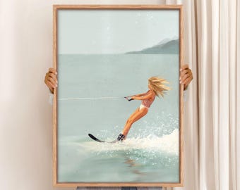 Girl Slalom Waterskiing Art Print, Retro Lake House Decor (Digital Download)