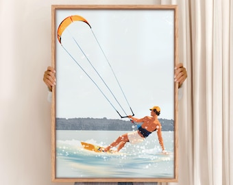 Kitesurfing Art Print: Retro Coastal Beach Decor (Digital Download)