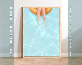 Swimming Pool Art Print, Aerial Pool Poster, Retro Aesthetic Swimmer Art Decor Gift, Trendy Poolside Wall Art, Coastal Summer Digital Art