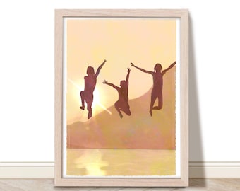 Kids Jumping in Lake Art Print: Sunset Swim, Lake House Decor (Digital Download)