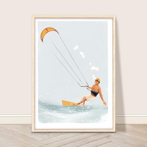 Kitesurfer Art Print, kitesurfen digitale kunst, kitesurf poster, kitesurf kunst aan de muur, blauwe kust decor, strandhuis decor watersport cadeau