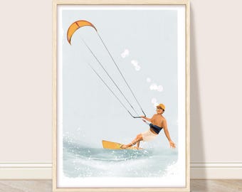 Kitesurfing Art Print: Retro Coastal Beach Decor (Digital Download)