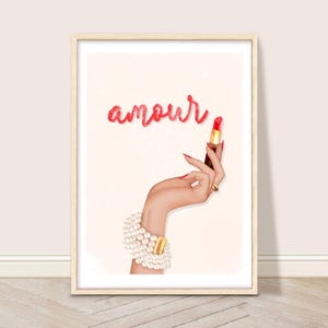 Red Lipstick Art Print, Trendy French Fashion Wall Art, Girly Bathroom Decor, Pink Makeup Poster, Luxury Beauty Poster, Preppy Cosmetic Art