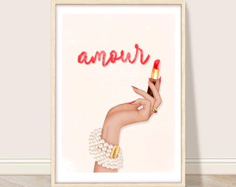 Red Lipstick Art Print, Trendy French Fashion Wall Art, Girly Bathroom Decor, Pink Makeup Poster, Luxury Beauty Poster, Preppy Cosmetic Art