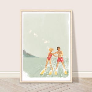 Retro waterskiën muurkunst, Summer Lake Art Print, retro kustdecor, watersport afdrukbare kunst, vintage waterski poster, Lake Life Art