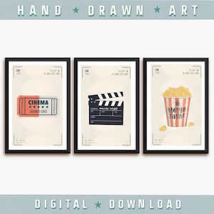 Home Theater Decor, Set of 3 Posters, Retro Movie Ticket, Vintage Popcorn,  Film Action Board, Cinema Wall Print, Old Hollywood Printable Art 