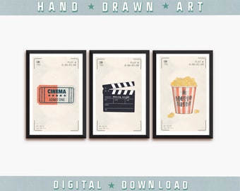 Home Theater Decor, Set of 3 posters, Retro Movie Ticket, Vintage Popcorn, Film Action Board, Cinema Wall Print, Old Hollywood Printable Art