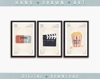 Arredamento home theater, set di 3 poster, biglietto del cinema retrò, popcorn vintage, tabellone d'azione cinematografico, stampa da parete del cinema, arte stampabile della vecchia Hollywood