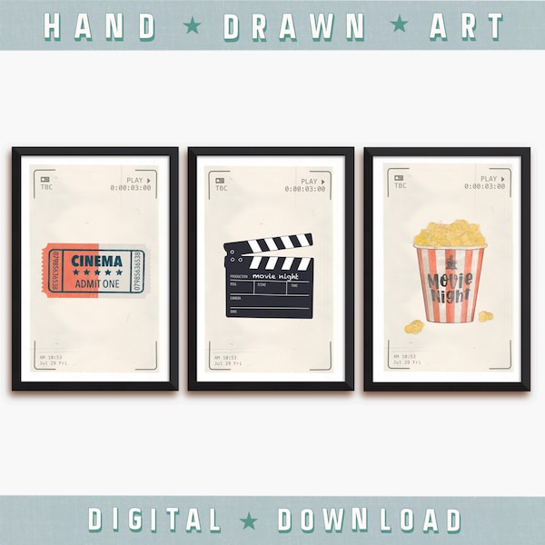 Home Theater Decor, Set of 3 posters, Retro Movie Ticket, Vintage Popcorn, Film Action Board, Cinema Wall Print, Old Hollywood Printable Art