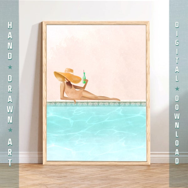 Retro Swimming Pool Art Print, Vintage Pool Wall Art, Soft Pastels Home Decor, Summer Printable Art, Female Figure Minimalist Art