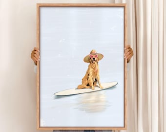 Dog on Paddleboard Art Print: Golden Retriever Coastal Decor (Digital Art)