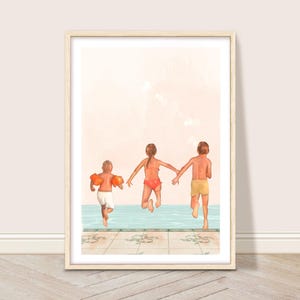 May include: Watercolor print of three children running towards a pool. The children are wearing swimsuits and arm floaties. The artwork is framed in a light wood frame and has a soft, pastel color palette.