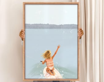 Little Girl Kneeboarding Art Print: Retro Lake House Decor (Digital Download)