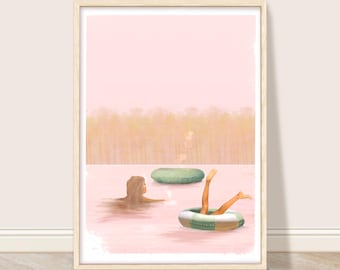 Pink Lake Art Print, Girl Swimming Wall Art, Lake House Decor, Summer Swimming at Sunset Art, Holiday Home Digital Art, Retro Pool Floats