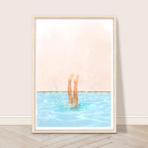 Arte mural de mujer en piscina, impresión artística retro de piscina, arte minimalista de piscina, decoración de casa de piscina, póster vintage de buceo, decoración de verano para el hogar.
