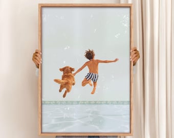 Boy and Golden Retriever Jumping in Pool Art Print (Digital Download)
