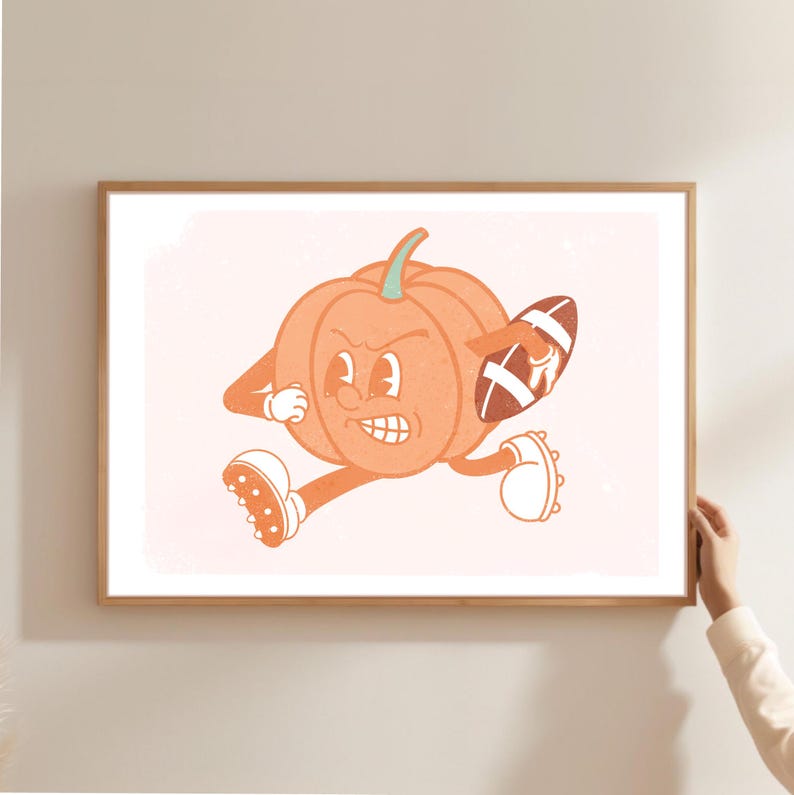 May include: A cartoon illustration of an orange pumpkin running with a football in its hand. The pumpkin has a grumpy expression on its face and is wearing a pair of white shoes.