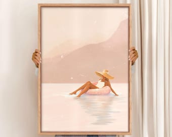 Retro Lake Tubing Art Print: s Blush Pink Summer (Digital Download)