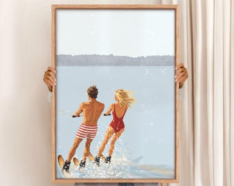 Retro Waterskiing Couple Art Print: Summer Lake House Decor (Digital Download)